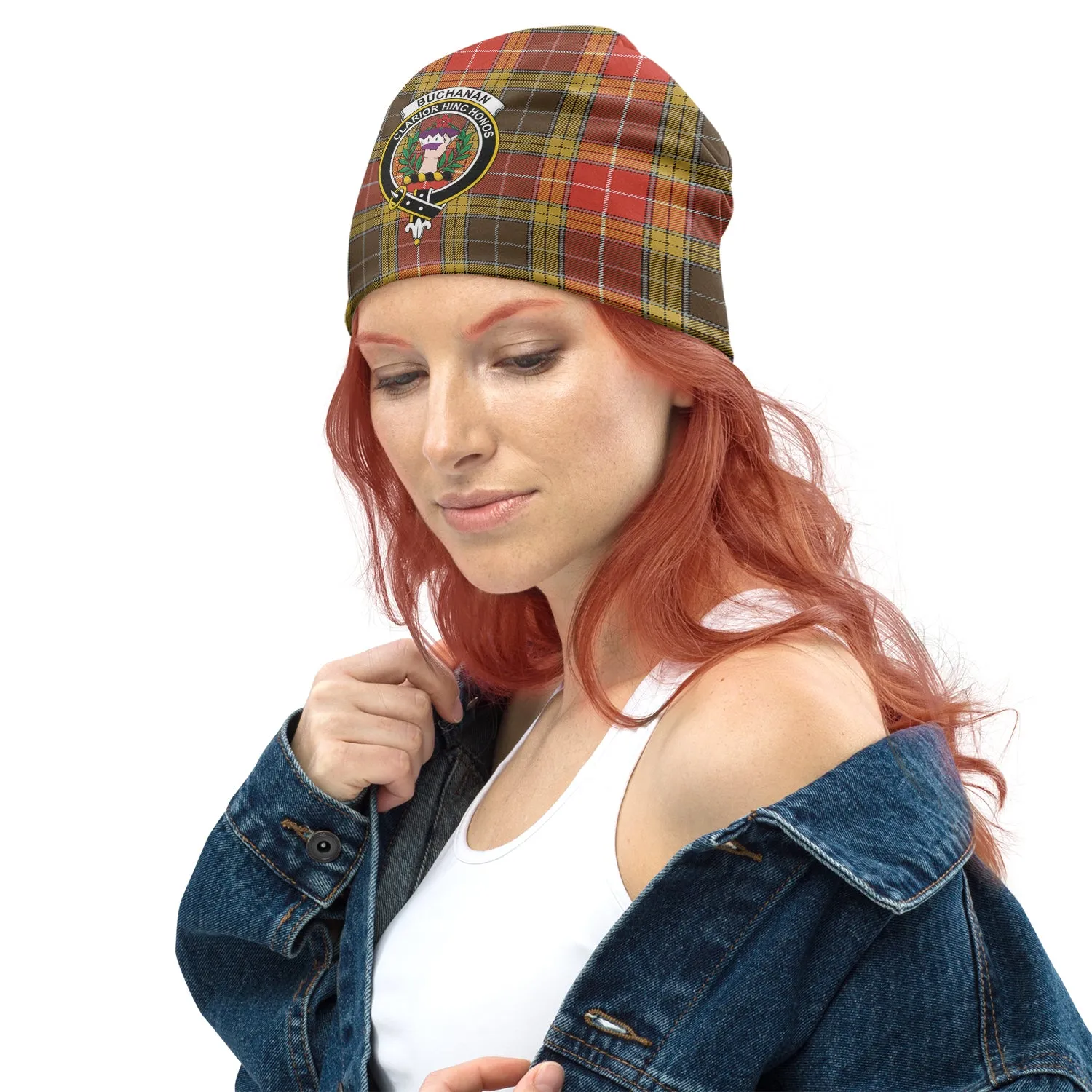 Buchanan Old Set Weathered Tartan Beanies Hat with Family Crest