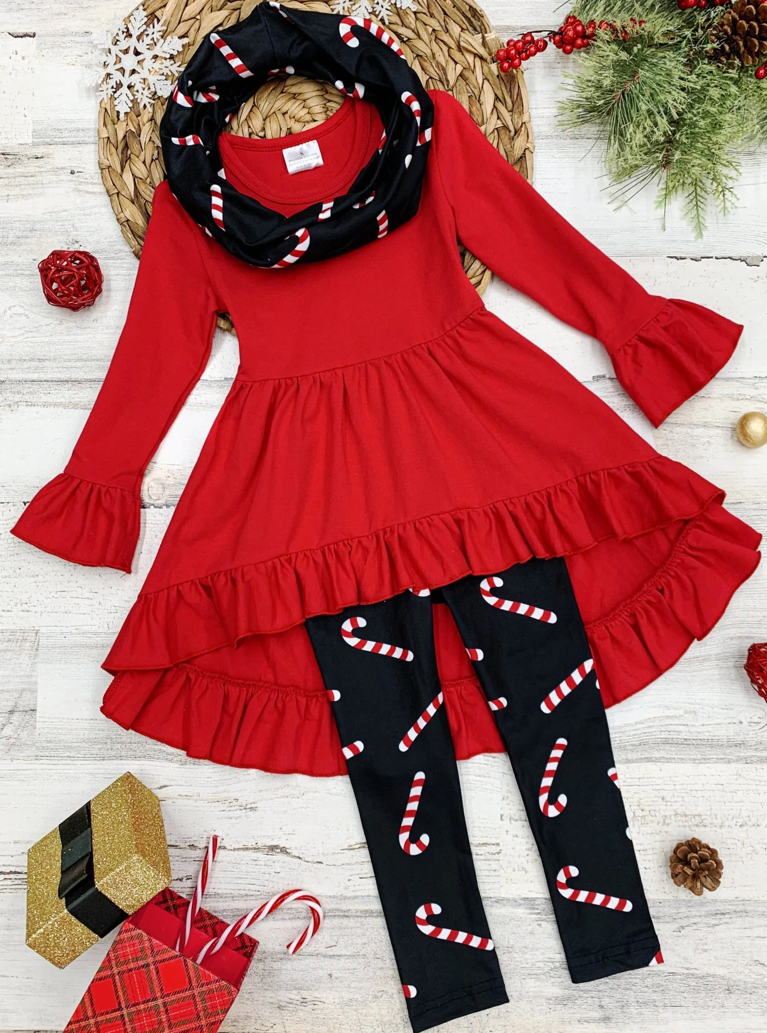 Candy Cane Cutie Tunic, Scarf, And Legging Set