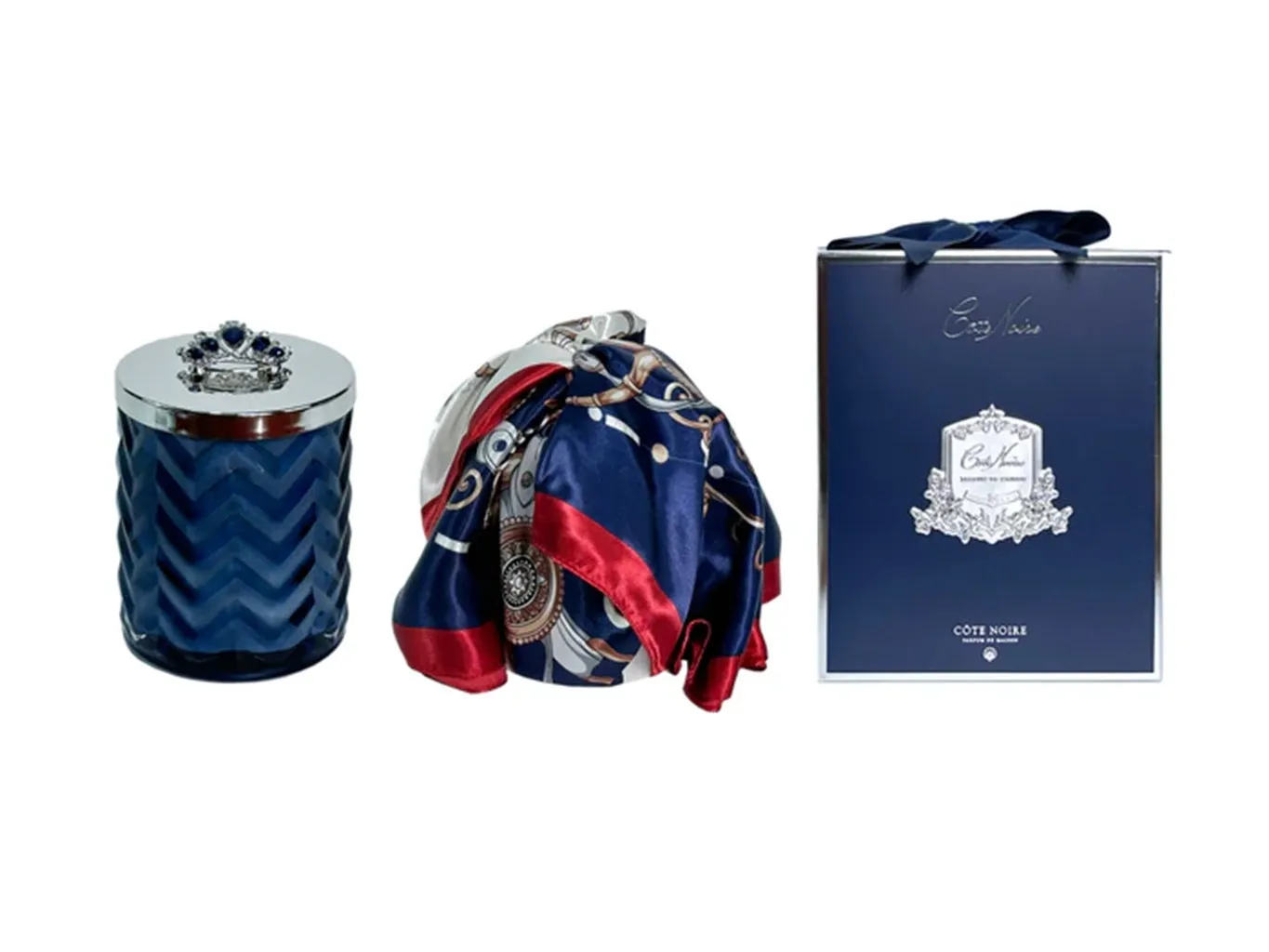 Cote Noire Navy & Silver Herringbone Candle with Scarf and Crown Brooch - Un Jardin a Versailles