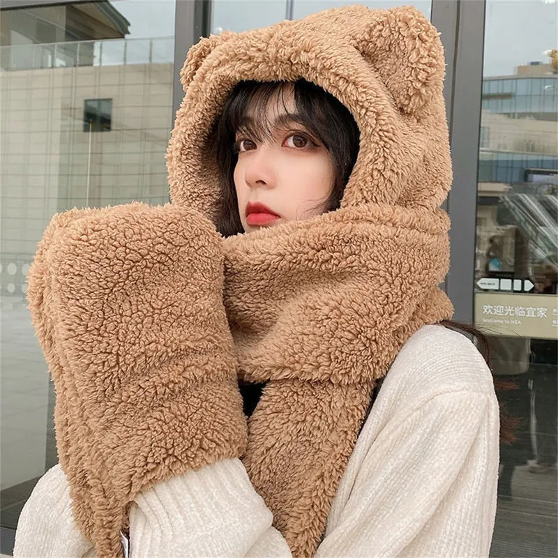 Cute and Fuzzy Large Bear Ear Winter Beanie Hats and Scarfs Set