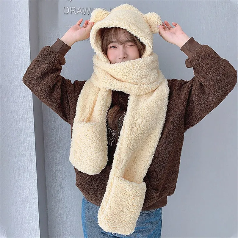 Cute and Fuzzy Large Bear Ear Winter Beanie Hats and Scarfs Set