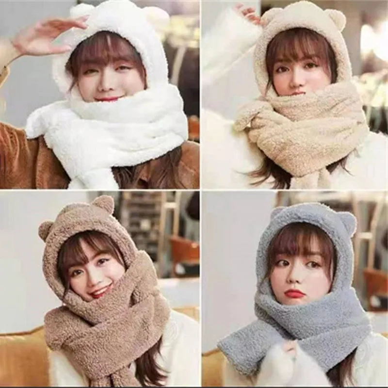 Cute and Fuzzy Large Bear Ear Winter Beanie Hats and Scarfs Set