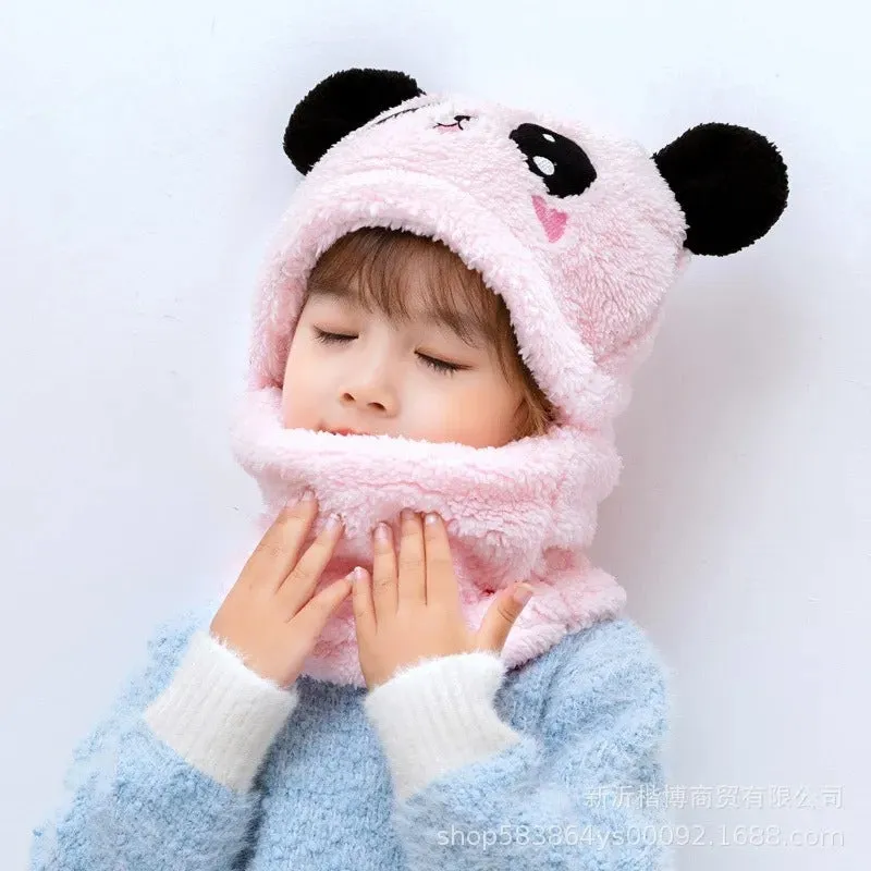 Cute Cartoon Winter Plush Hooded Hat and Scarf for Kids