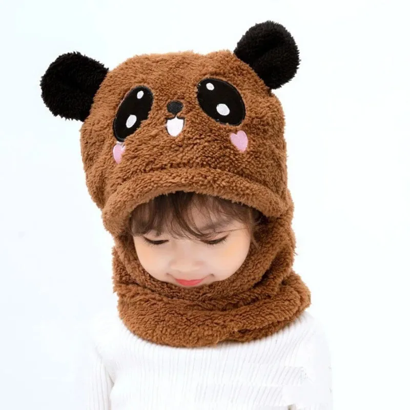 Cute Cartoon Winter Plush Hooded Hat and Scarf for Kids