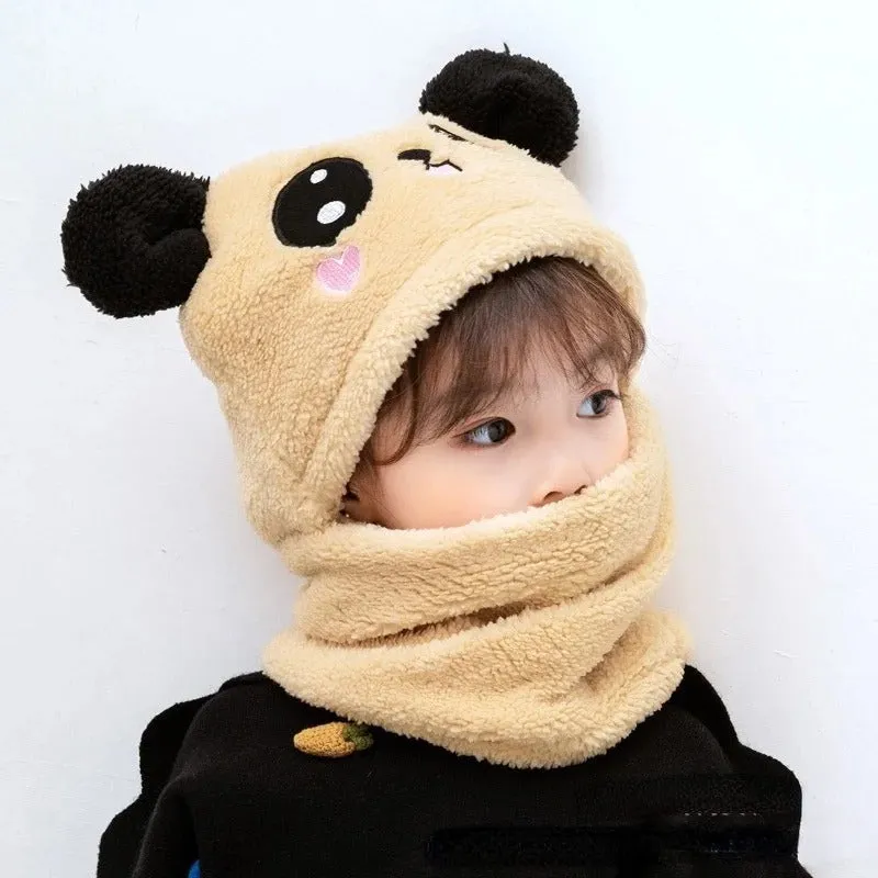 Cute Cartoon Winter Plush Hooded Hat and Scarf for Kids