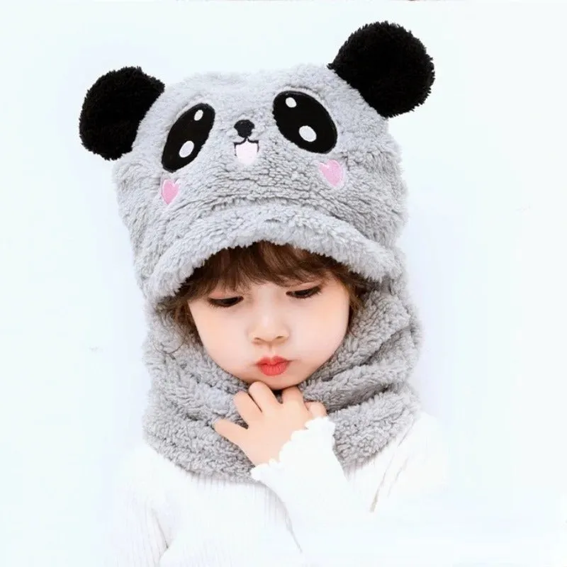 Cute Cartoon Winter Plush Hooded Hat and Scarf for Kids