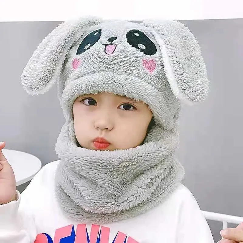 Cute Cartoon Winter Plush Hooded Hat and Scarf for Kids