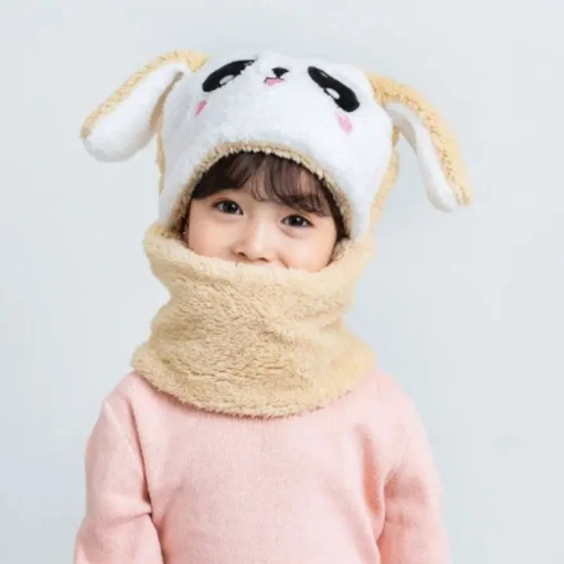 Cute Cartoon Winter Plush Hooded Hat and Scarf for Kids