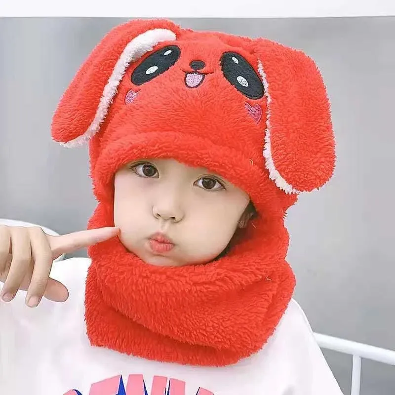 Cute Cartoon Winter Plush Hooded Hat and Scarf for Kids