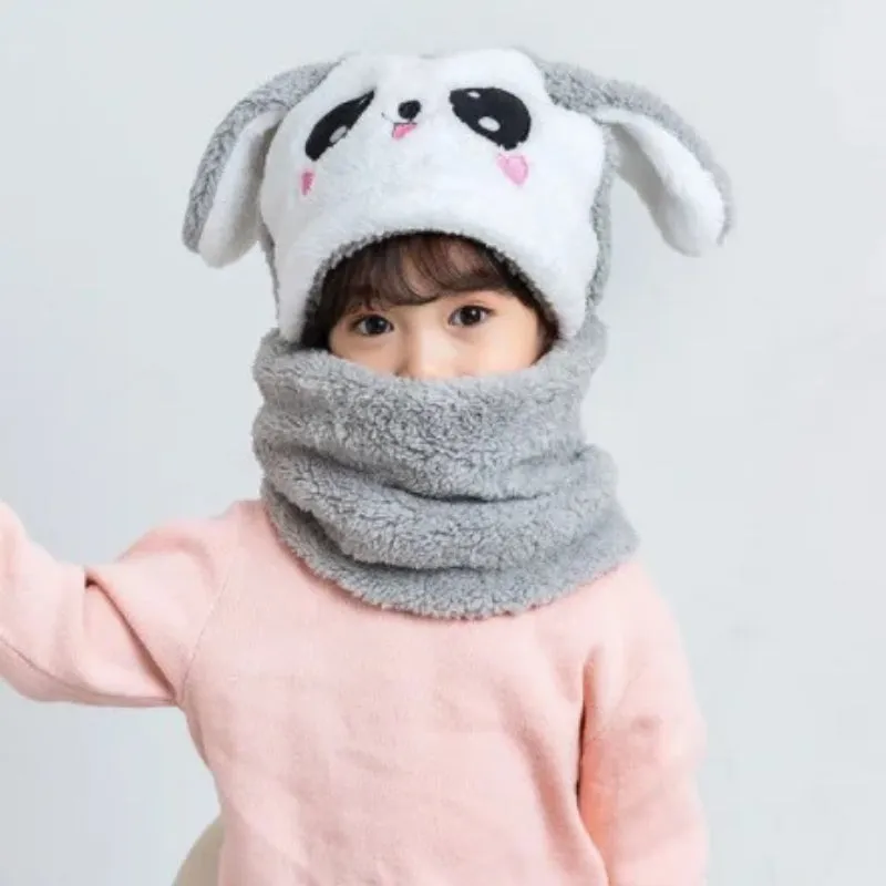 Cute Cartoon Winter Plush Hooded Hat and Scarf for Kids