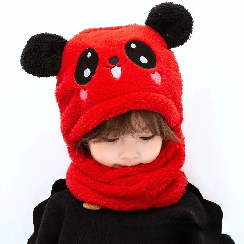 Cute Cartoon Winter Plush Hooded Hat and Scarf for Kids