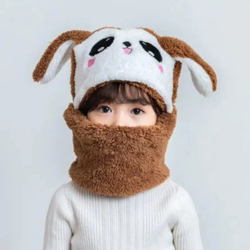 Cute Cartoon Winter Plush Hooded Hat and Scarf for Kids