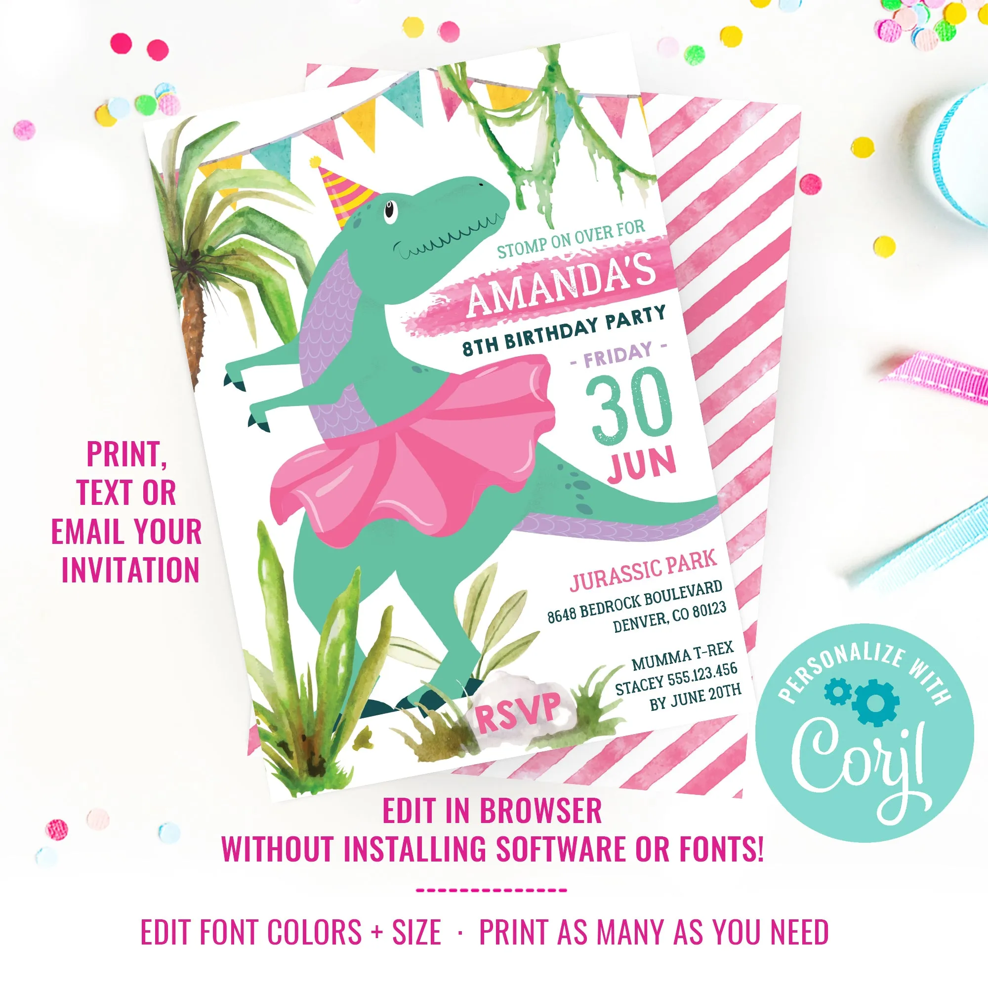 Dinosaur Birthday Party Invitation | Pink Girl Dinosaur Birthday Invitation