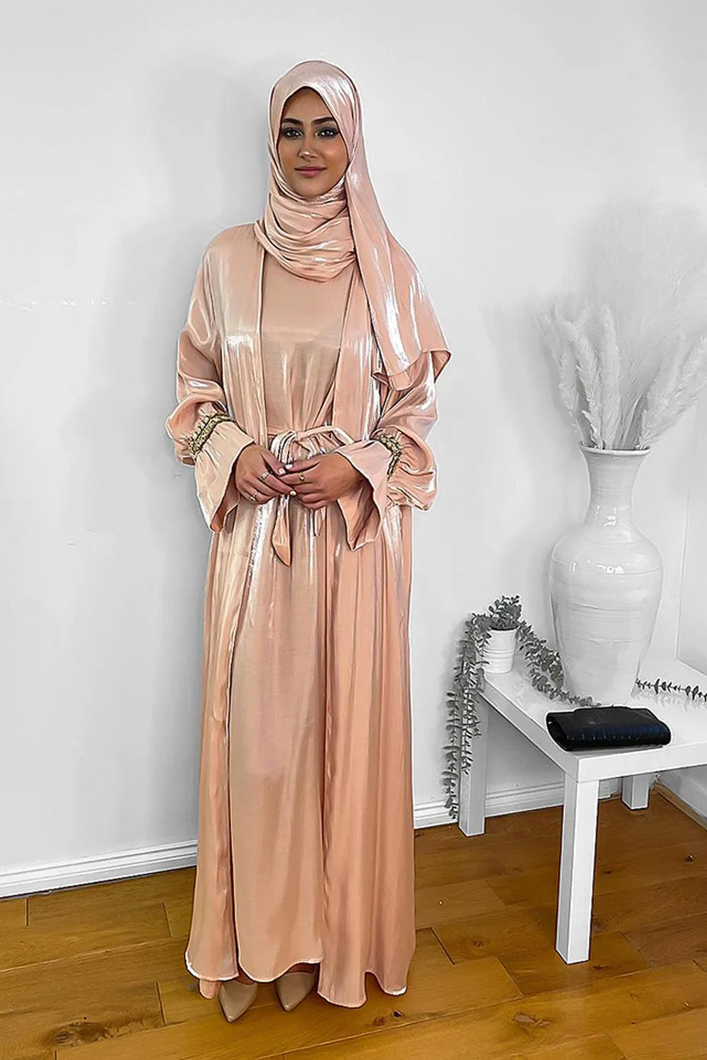 Embellished Sleeves Shimmer Organza Modest Dress And Hijab Scarf Set