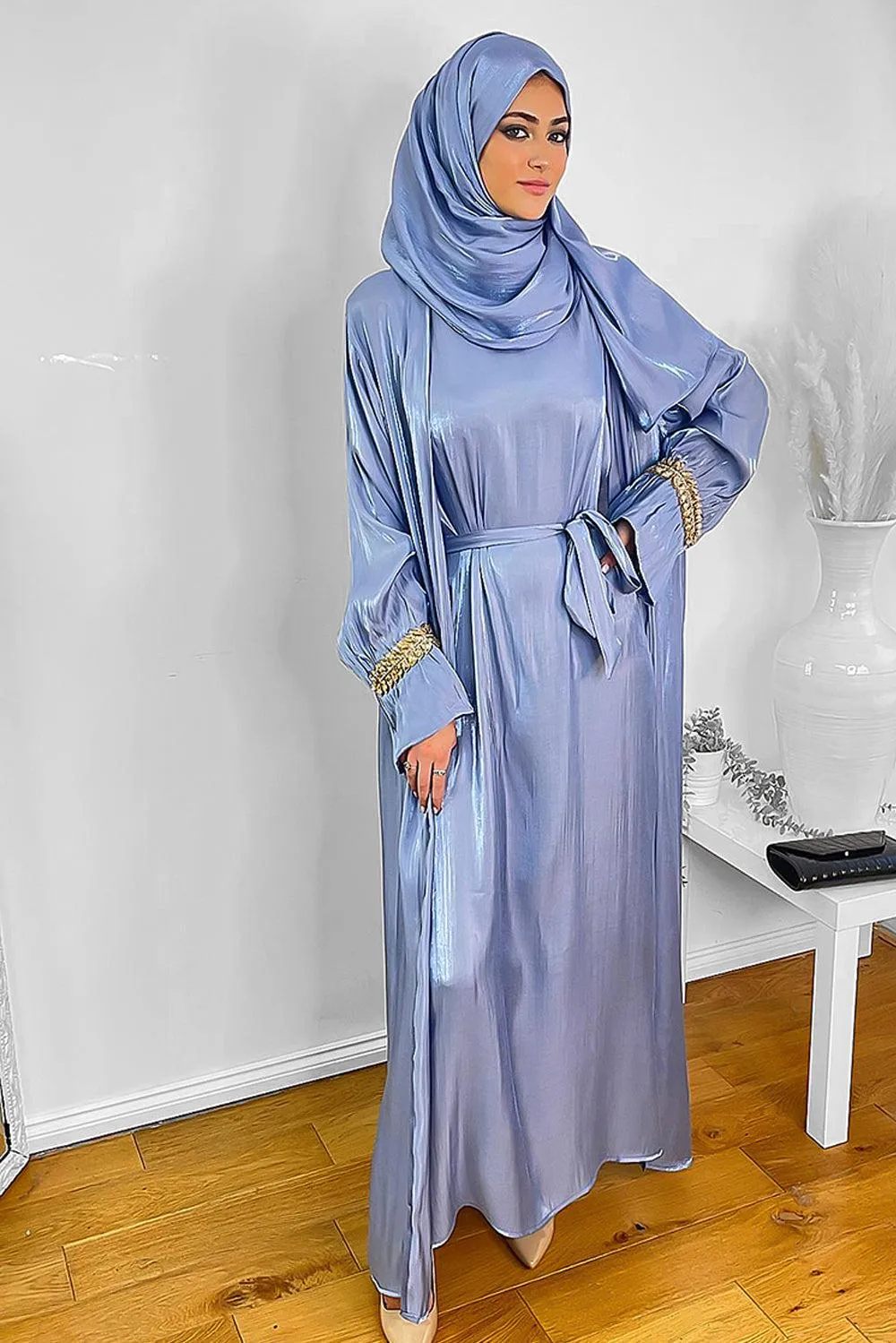 Embellished Sleeves Shimmer Organza Modest Dress And Hijab Scarf Set