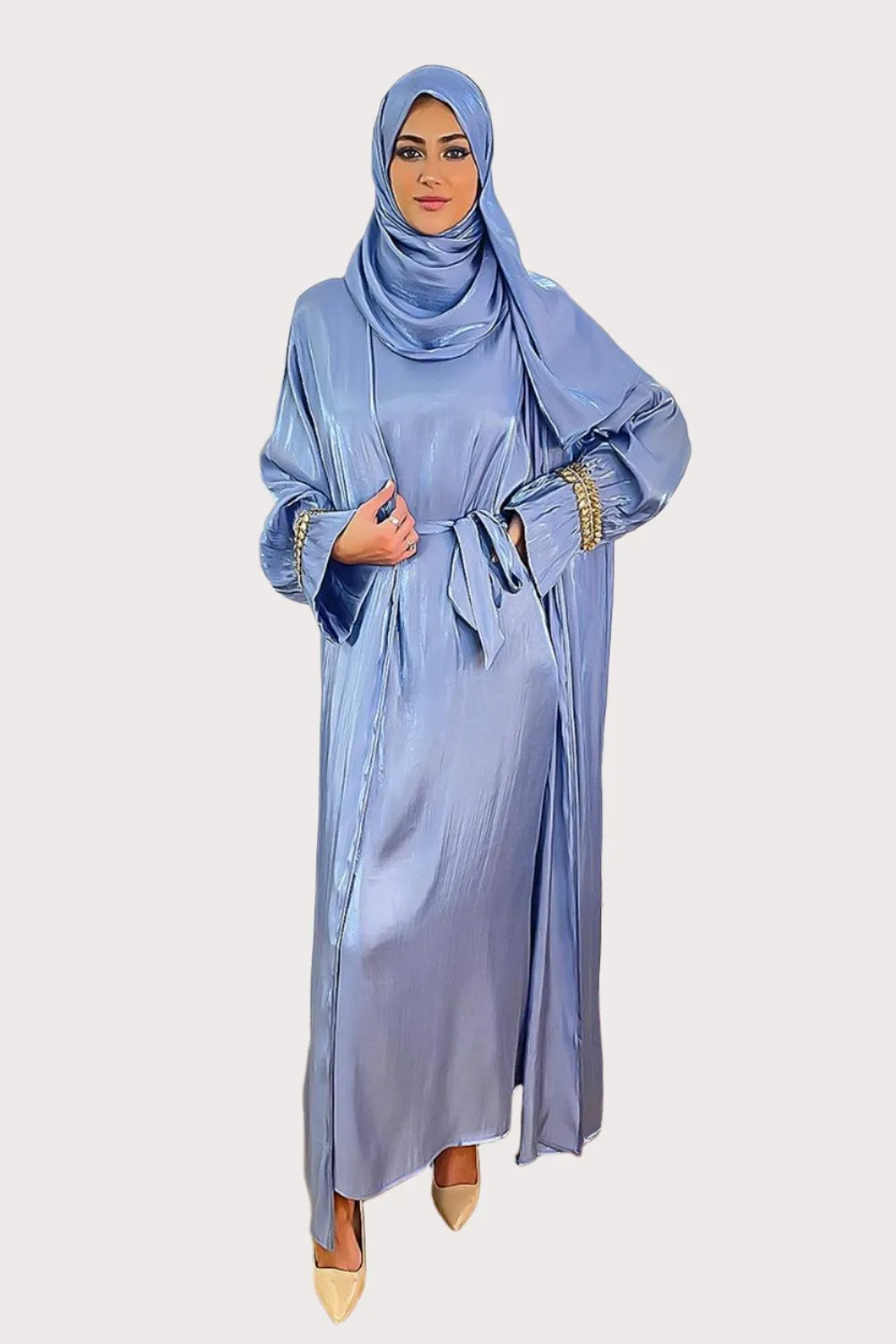 Embellished Sleeves Shimmer Organza Modest Dress And Hijab Scarf Set