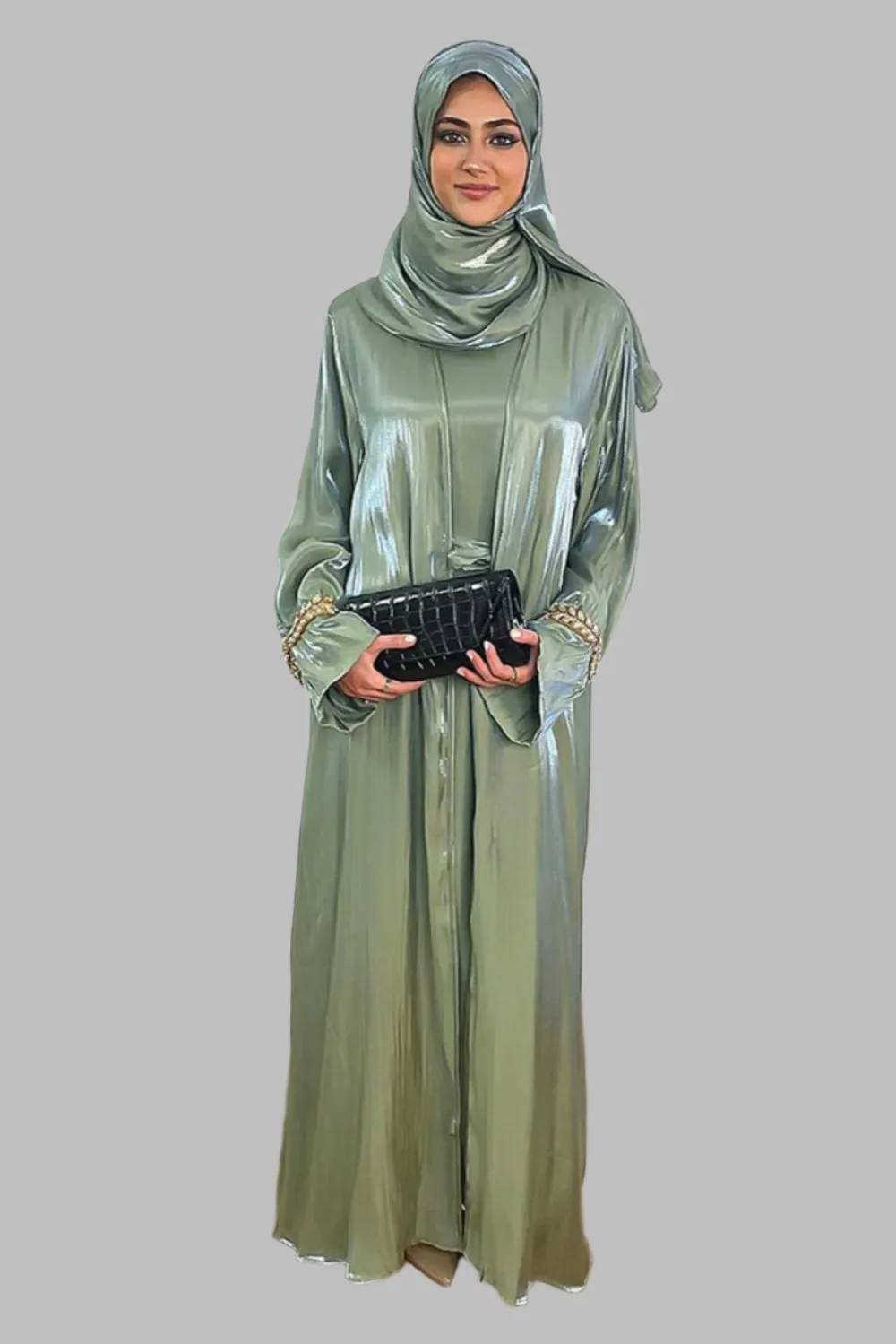 Embellished Sleeves Shimmer Organza Modest Dress And Hijab Scarf Set