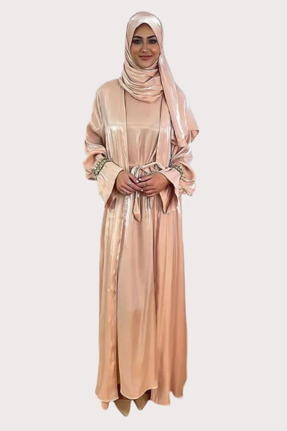 Embellished Sleeves Shimmer Organza Modest Dress And Hijab Scarf Set