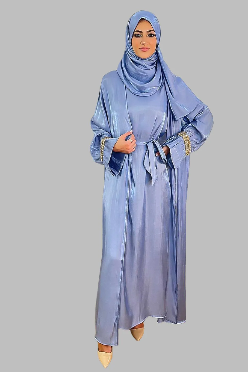 Embellished Sleeves Shimmer Organza Modest Dress And Hijab Scarf Set