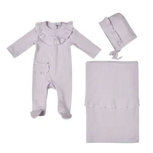 Emilia | Baby Girls Lilac Ribbed Cotton Babygrow Set (3)