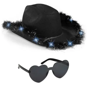 Fashionable Black Cowgirl Hat with Glasses - Halloween Light Up Cowboy Hat - FUNCREDIBLE