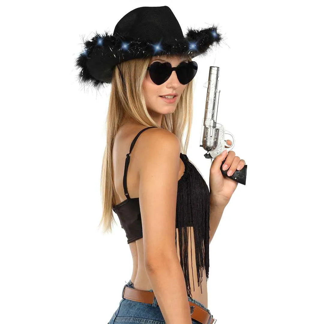 Fashionable Black Cowgirl Hat with Glasses - Halloween Light Up Cowboy Hat - FUNCREDIBLE