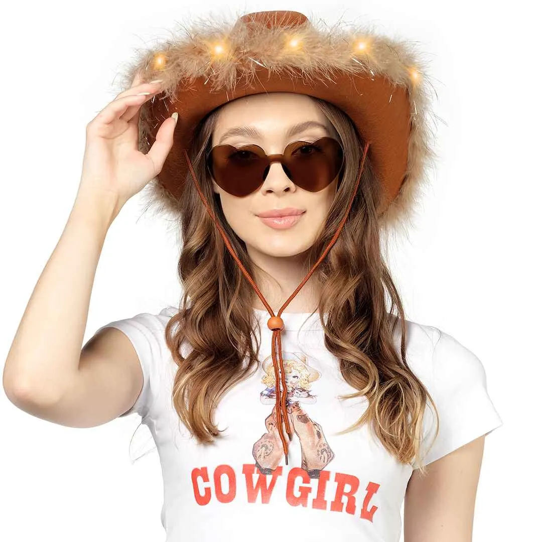 Fashionable Brown Cowgirl Hat with Glasses - Halloween Light Up Cowboy Hat - FUNCREDIBLE