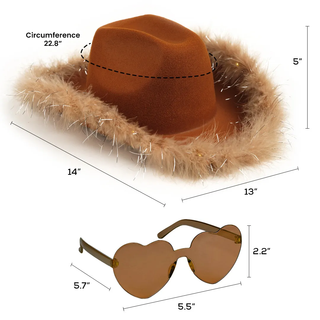 Fashionable Brown Cowgirl Hat with Glasses - Halloween Light Up Cowboy Hat - FUNCREDIBLE