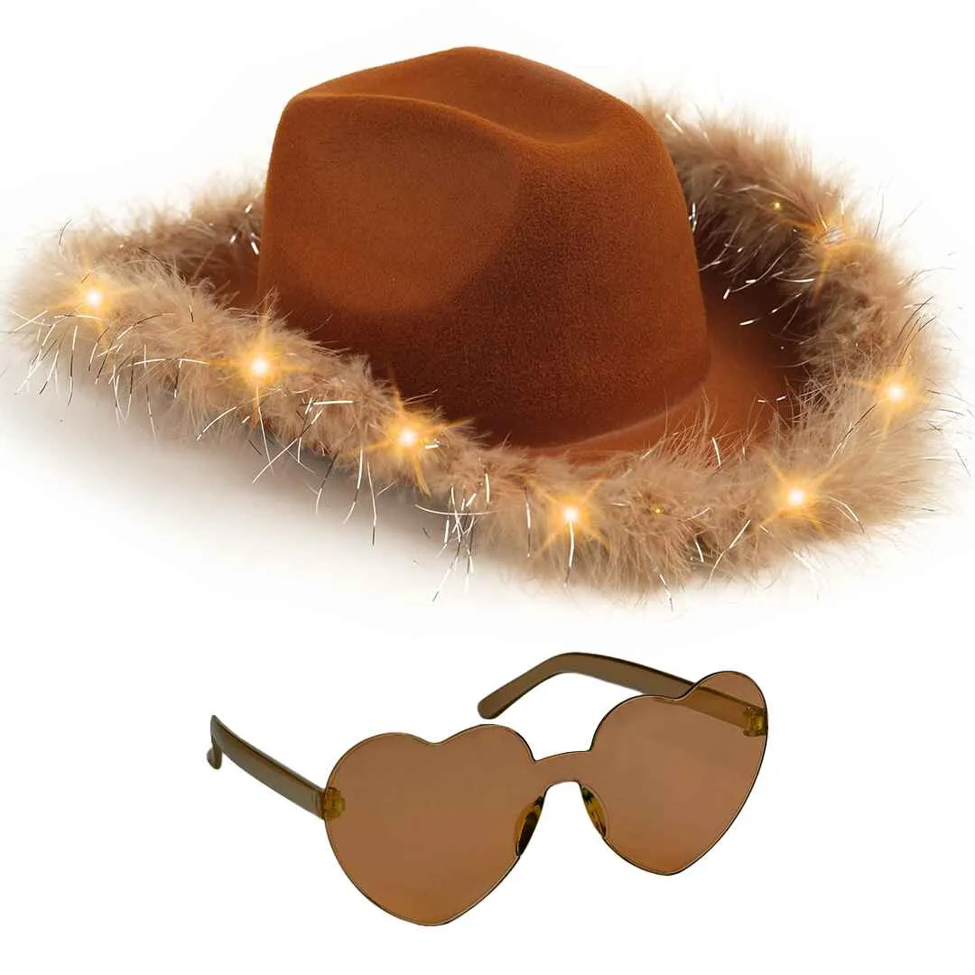 Fashionable Brown Cowgirl Hat with Glasses - Halloween Light Up Cowboy Hat - FUNCREDIBLE