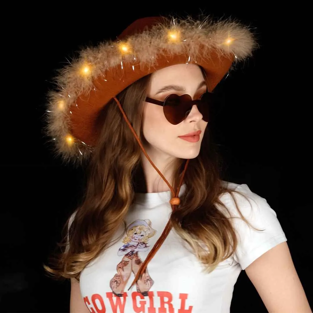 Fashionable Brown Cowgirl Hat with Glasses - Halloween Light Up Cowboy Hat - FUNCREDIBLE