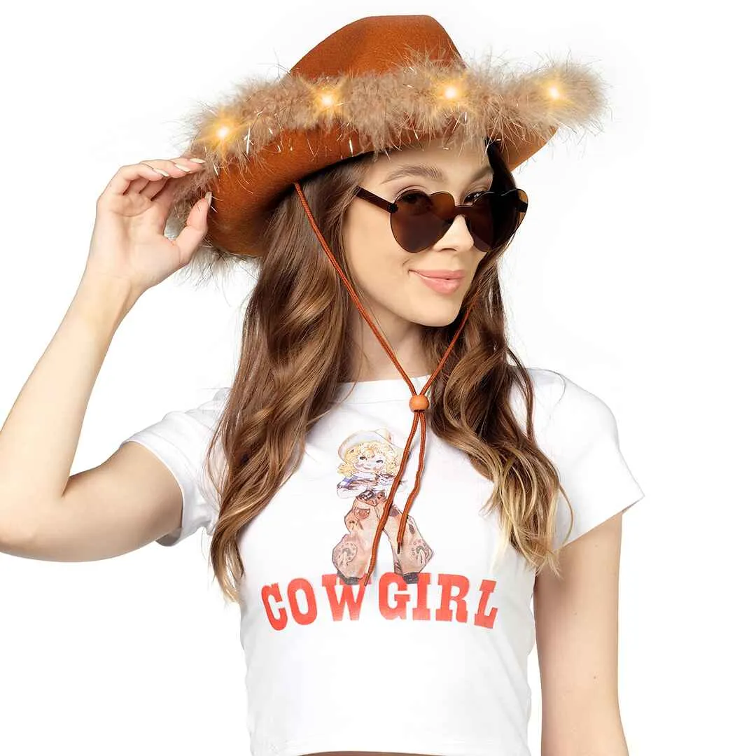 Fashionable Brown Cowgirl Hat with Glasses - Halloween Light Up Cowboy Hat - FUNCREDIBLE