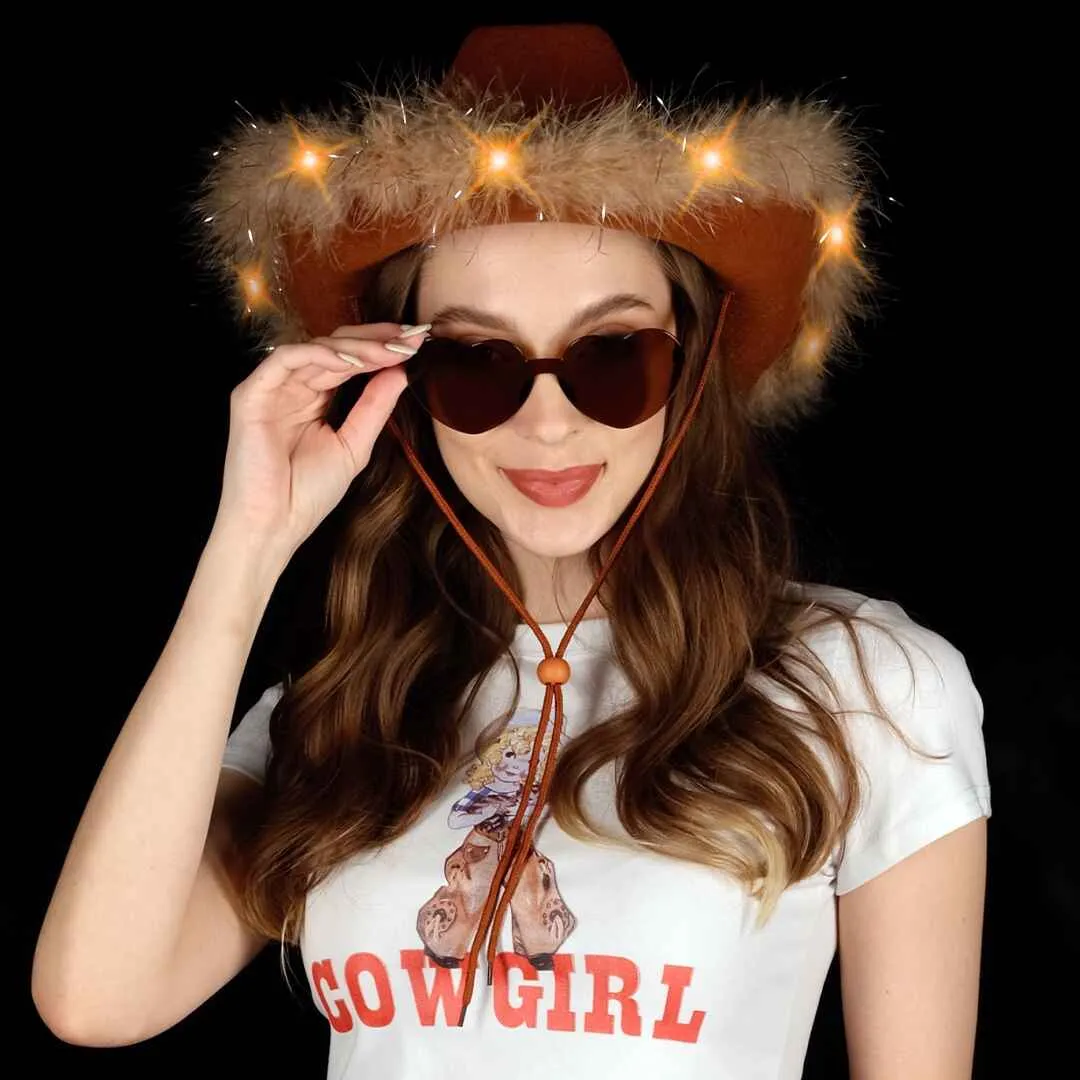 Fashionable Brown Cowgirl Hat with Glasses - Halloween Light Up Cowboy Hat - FUNCREDIBLE