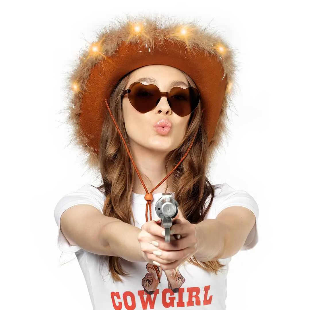 Fashionable Brown Cowgirl Hat with Glasses - Halloween Light Up Cowboy Hat - FUNCREDIBLE