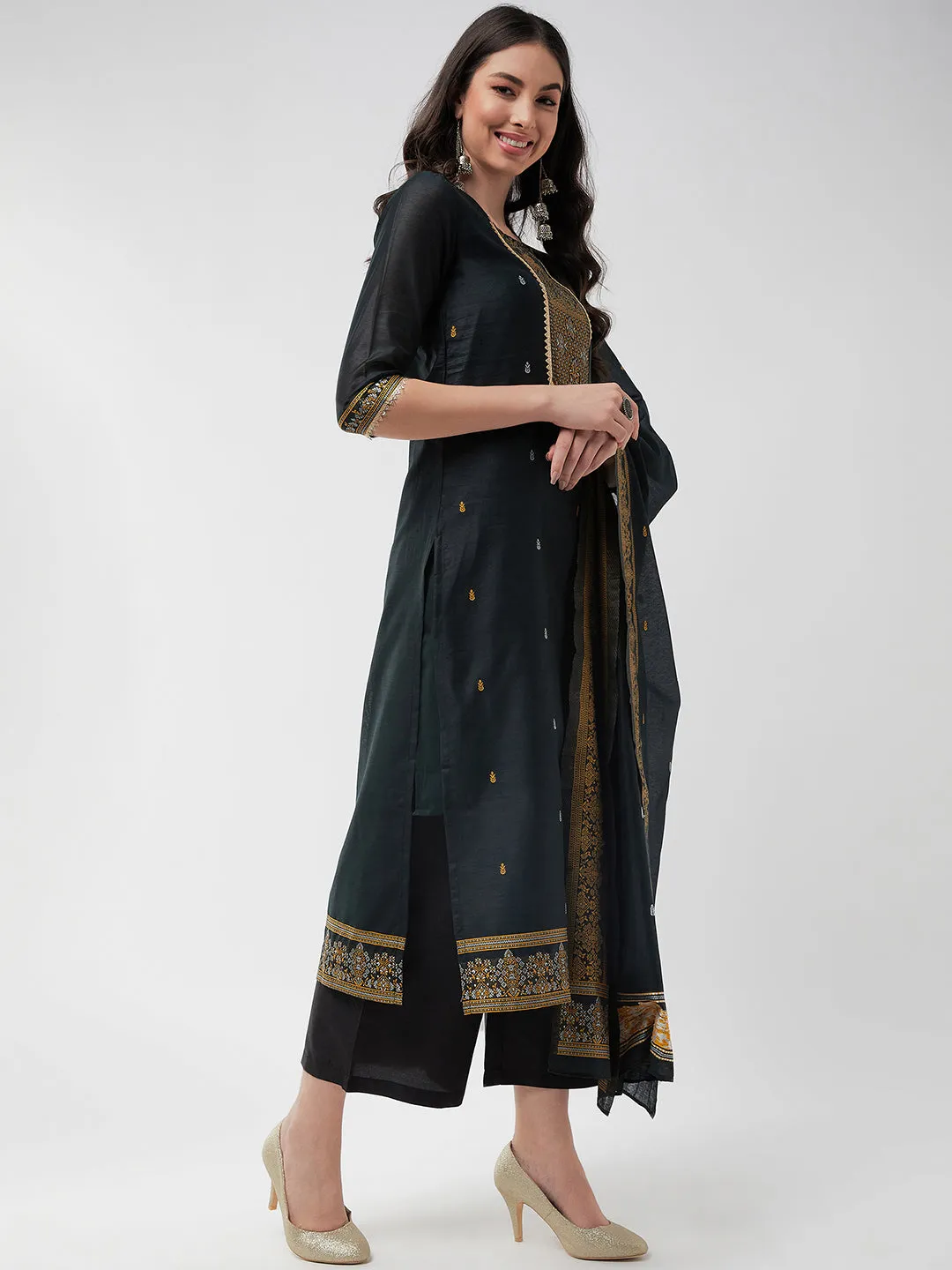 Festive Jacquard Neck Patch Kurta With Dupatta And Matching Pants