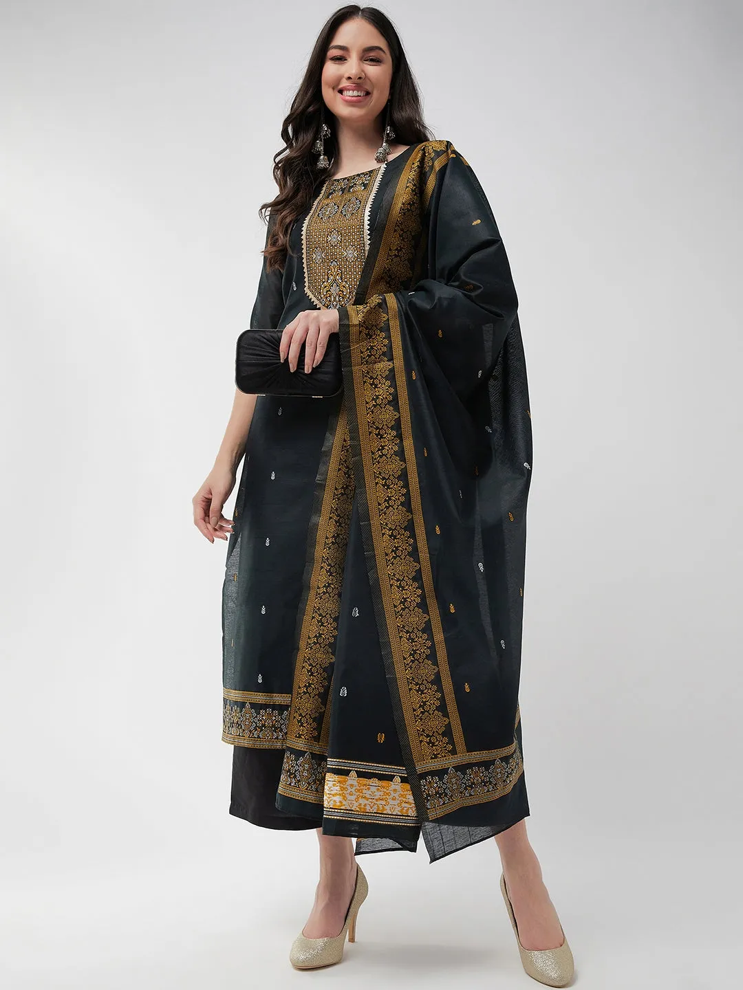 Festive Jacquard Neck Patch Kurta With Dupatta And Matching Pants