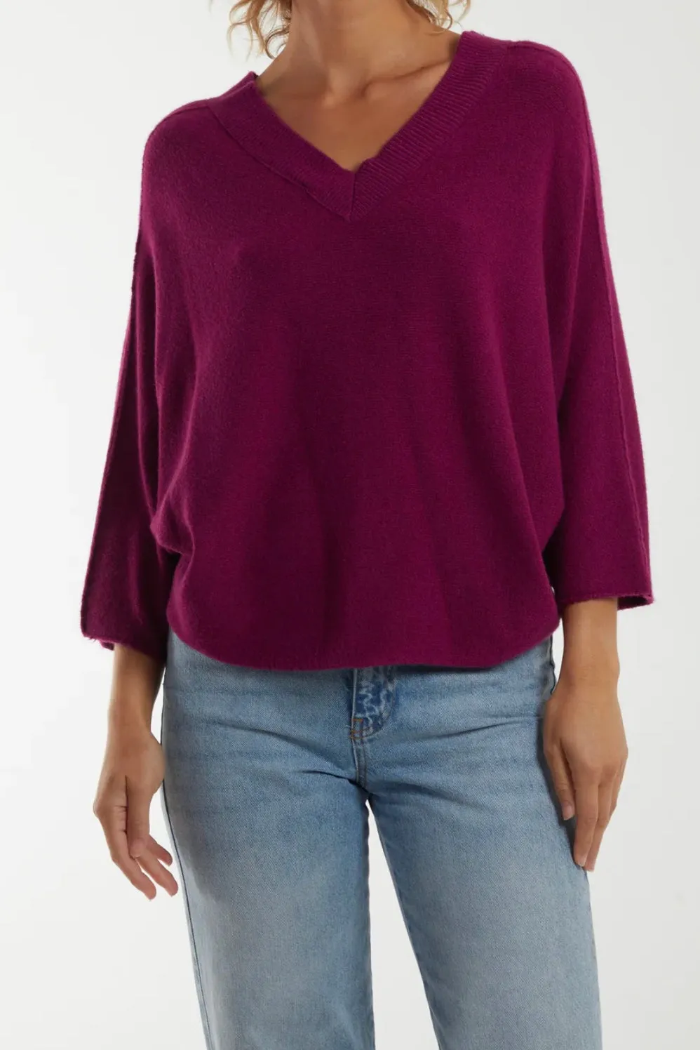 Fine Knit V-Neck 3/4 Sleeve Jumper (3 Colours)