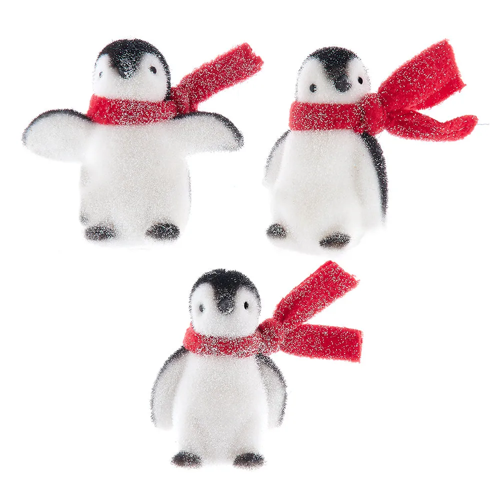 Flocked Penguin With Red Scarf Ornaments, SET OF THREE