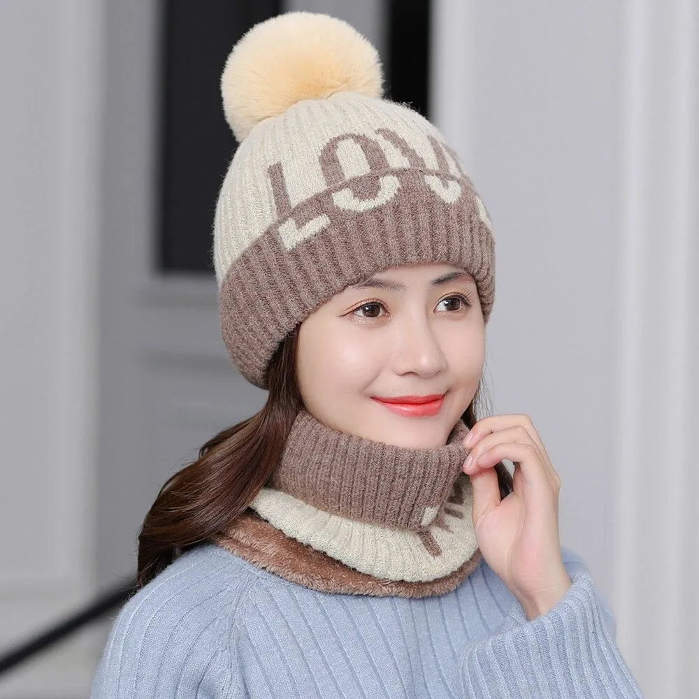 Fur Lined Love Me Letter Keep Warm Outdoor Knitted Woolen Winter Cap