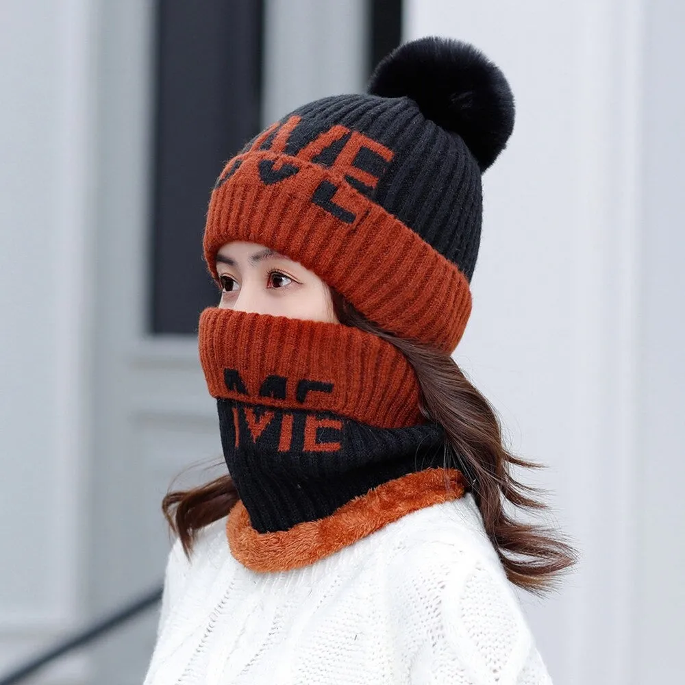 Fur Lined Love Me Letter Keep Warm Outdoor Knitted Woolen Winter Cap