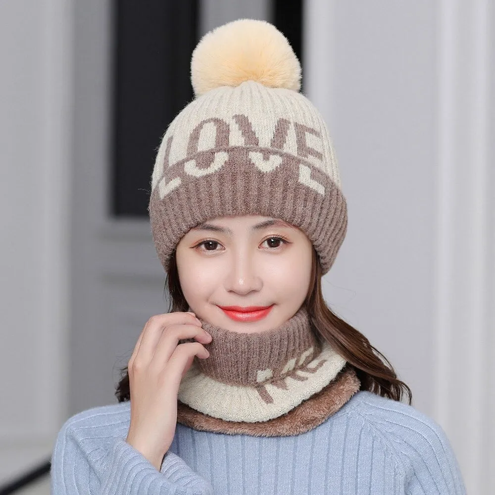 Fur Lined Love Me Letter Keep Warm Outdoor Knitted Woolen Winter Cap