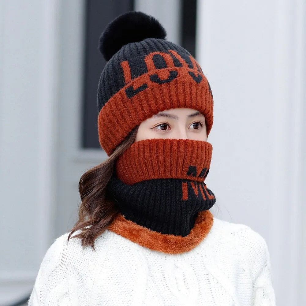 Fur Lined Love Me Letter Keep Warm Outdoor Knitted Woolen Winter Cap