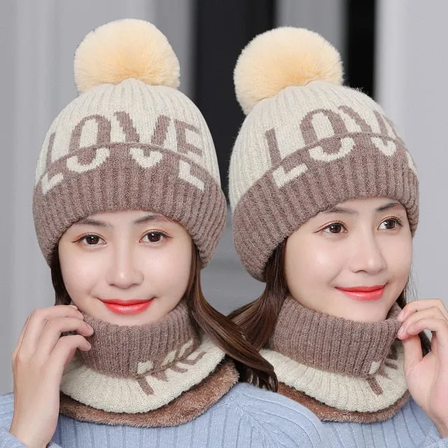 Fur Lined Love Me Letter Keep Warm Outdoor Knitted Woolen Winter Cap