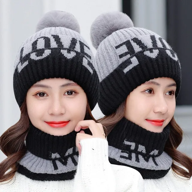 Fur Lined Love Me Letter Keep Warm Outdoor Knitted Woolen Winter Cap