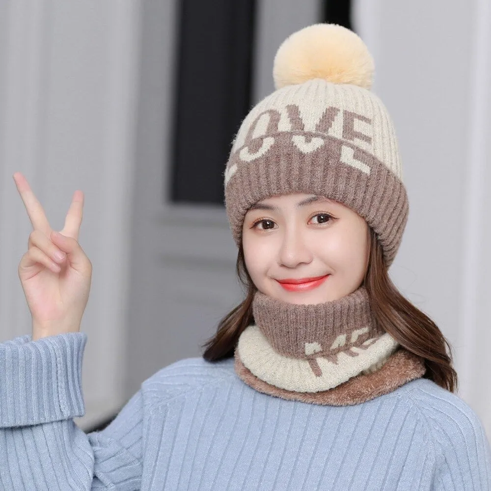 Fur Lined Love Me Letter Keep Warm Outdoor Knitted Woolen Winter Cap