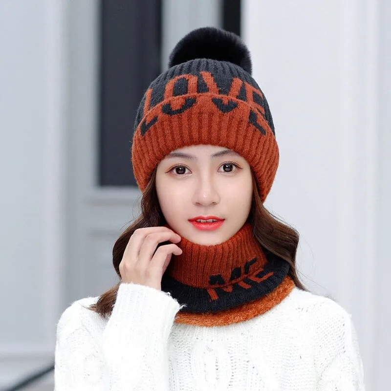 Fur Lined Love Me Letter Keep Warm Outdoor Knitted Woolen Winter Cap