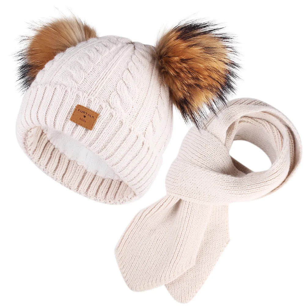 FURTALK Kids Winter Real  Fur Daul Bobble Hat Double Layer  Drop Shipping CH020