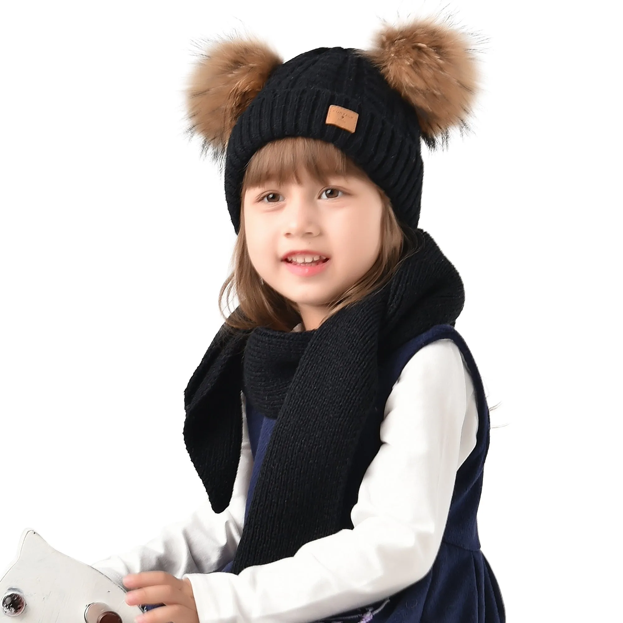 FURTALK Kids Winter Real  Fur Daul Bobble Hat Double Layer  Drop Shipping CH020