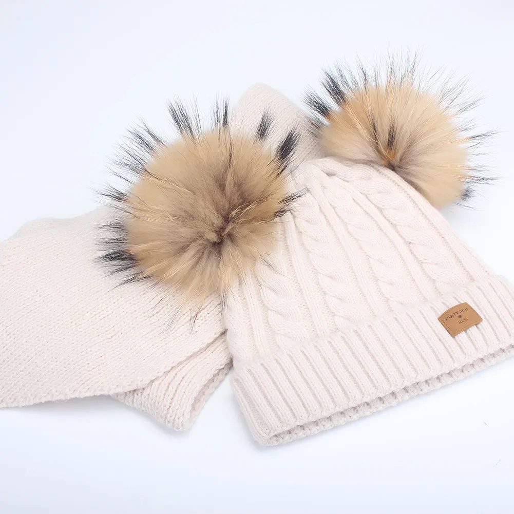 FURTALK Kids Winter Real  Fur Daul Bobble Hat Double Layer  Drop Shipping CH020