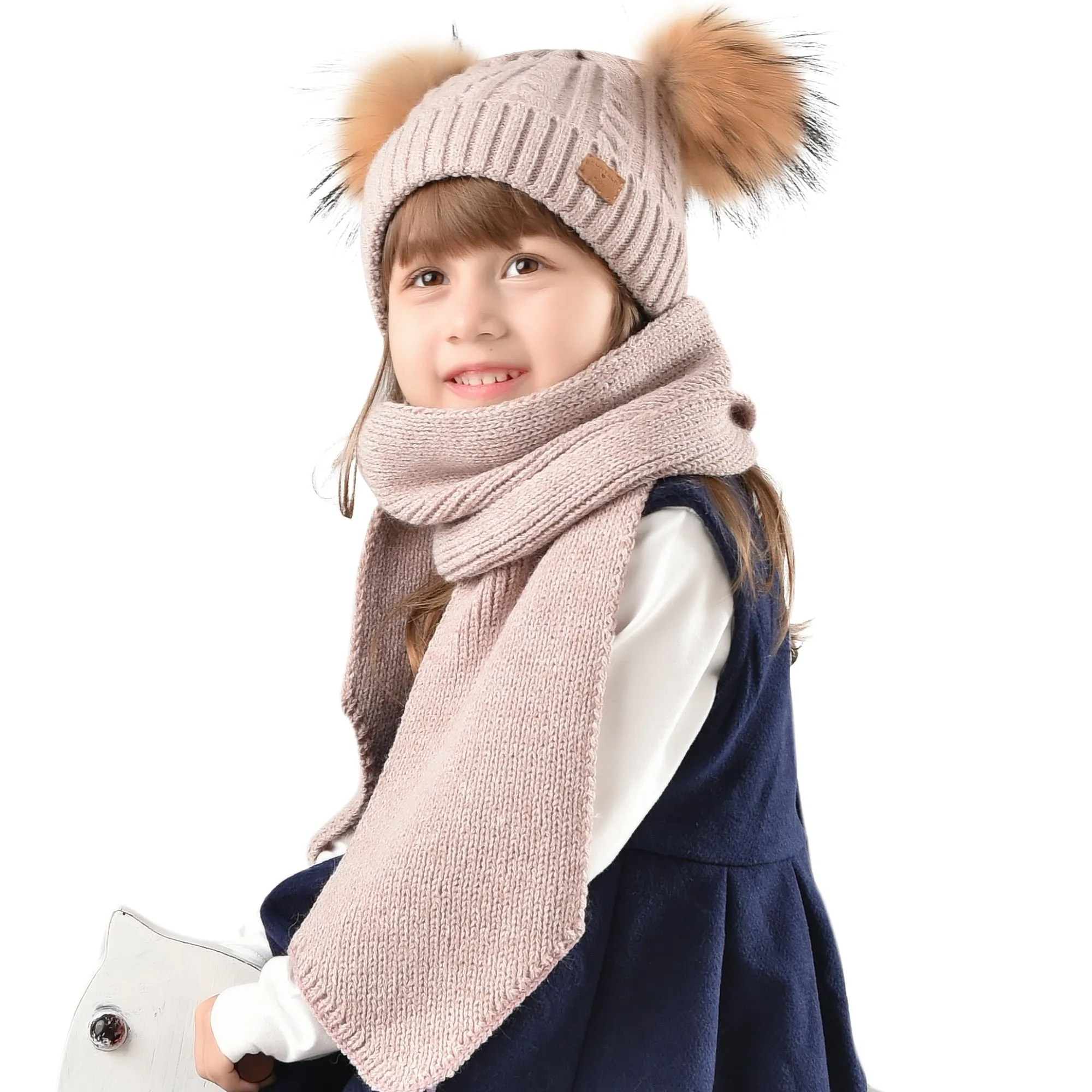 FURTALK Kids Winter Real  Fur Daul Bobble Hat Double Layer  Drop Shipping CH020