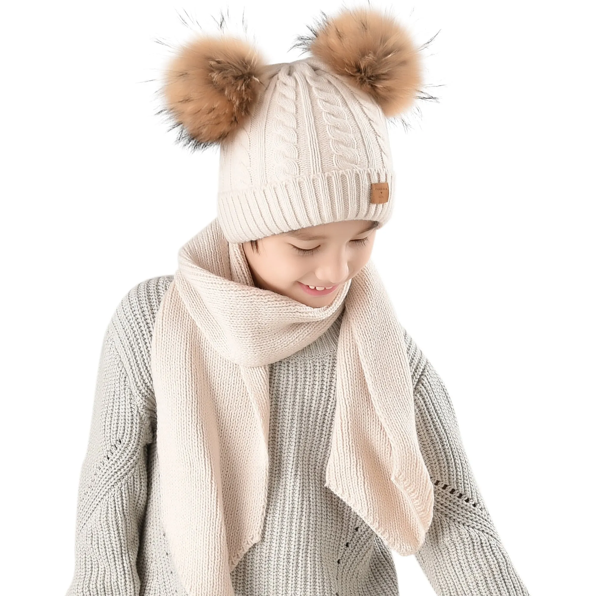 FURTALK Kids Winter Real  Fur Daul Bobble Hat Double Layer  Drop Shipping CH020